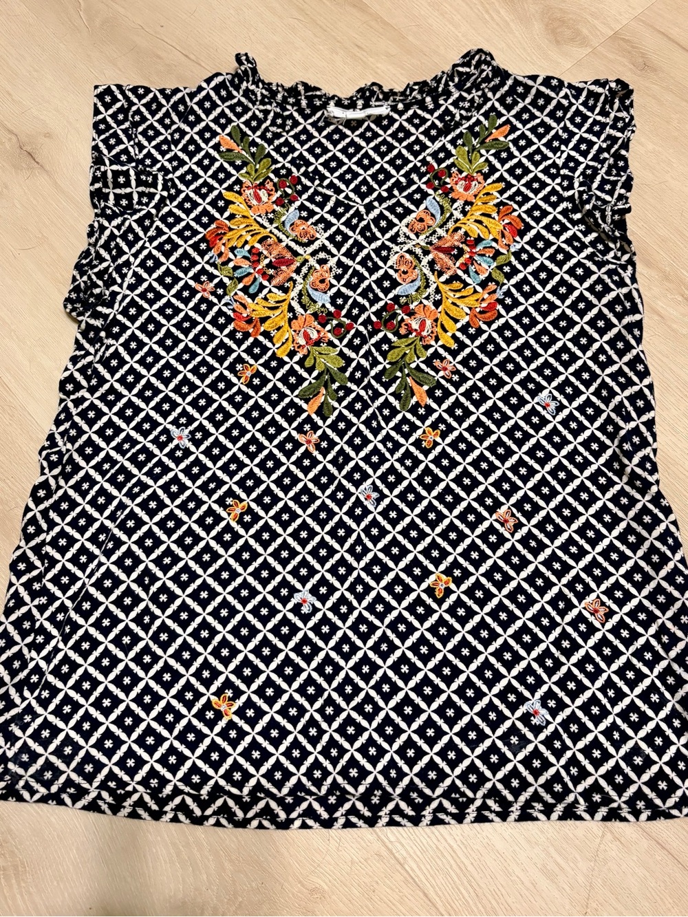 THML Black Sleeveless Blouse with Colorful Floral Embroidery